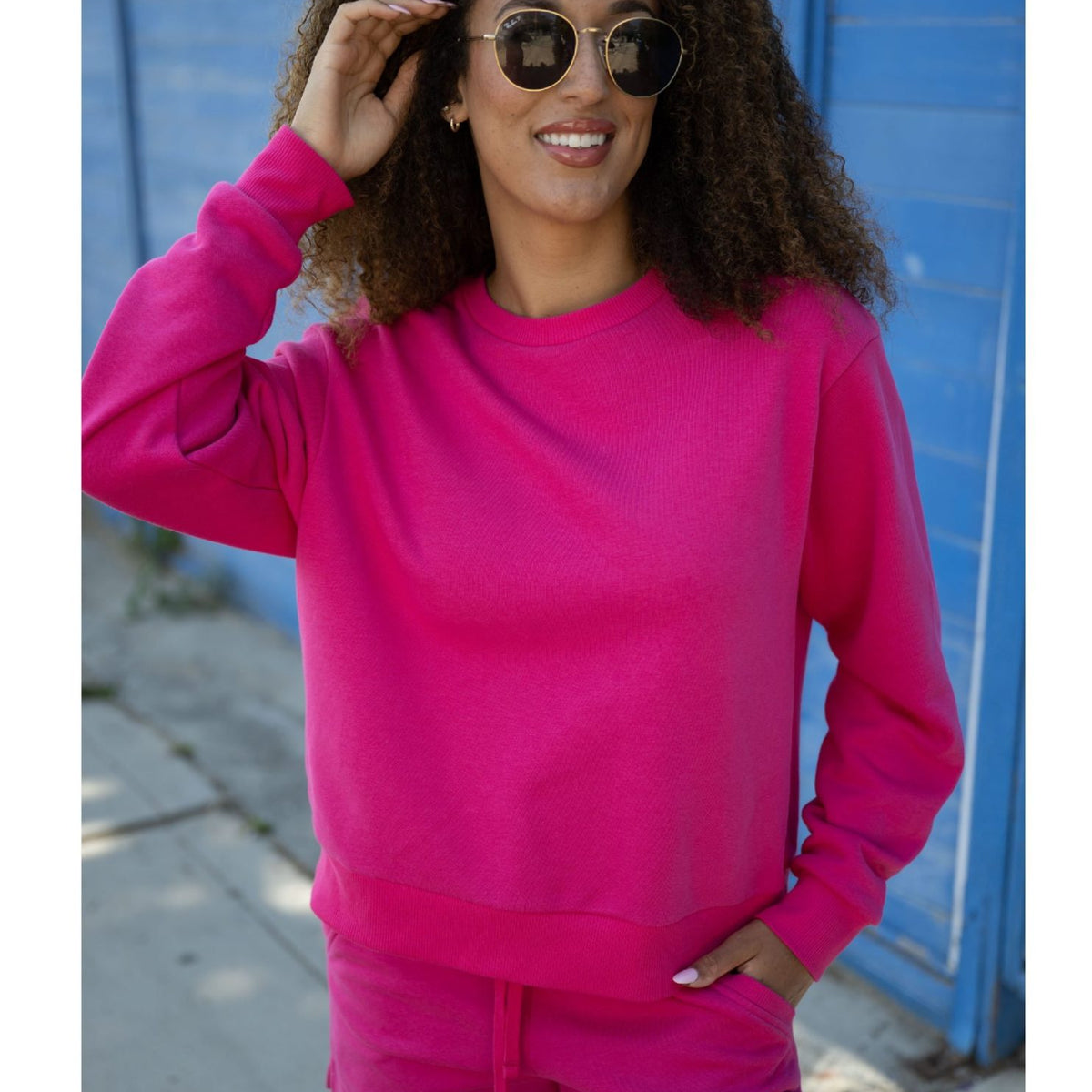 Solid French Terry Crewneck Sweatshirt - Hot Pink image 2