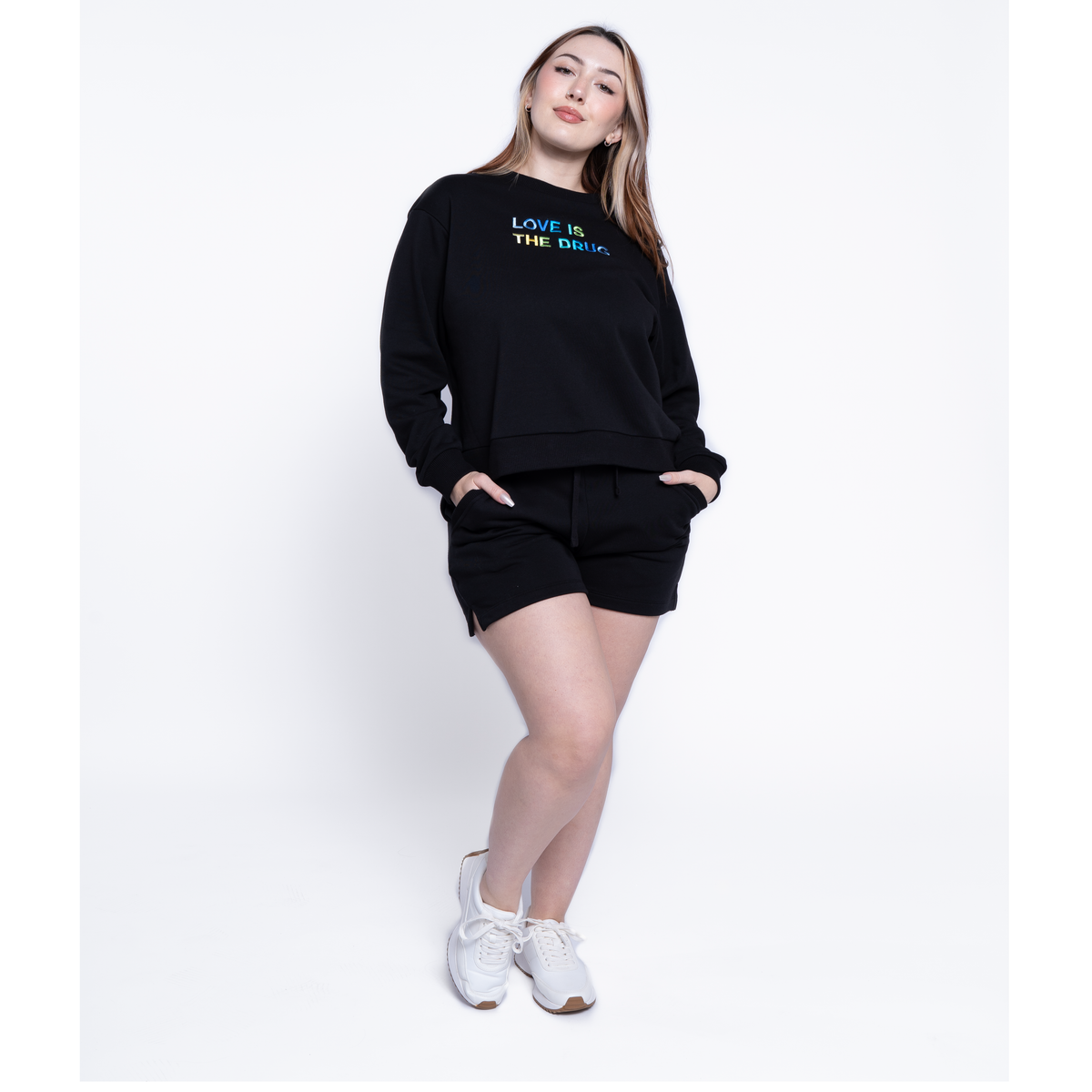 LOVE IS THE DRUG Polished French Terry Crew Black <br/> Blue Shades image 3