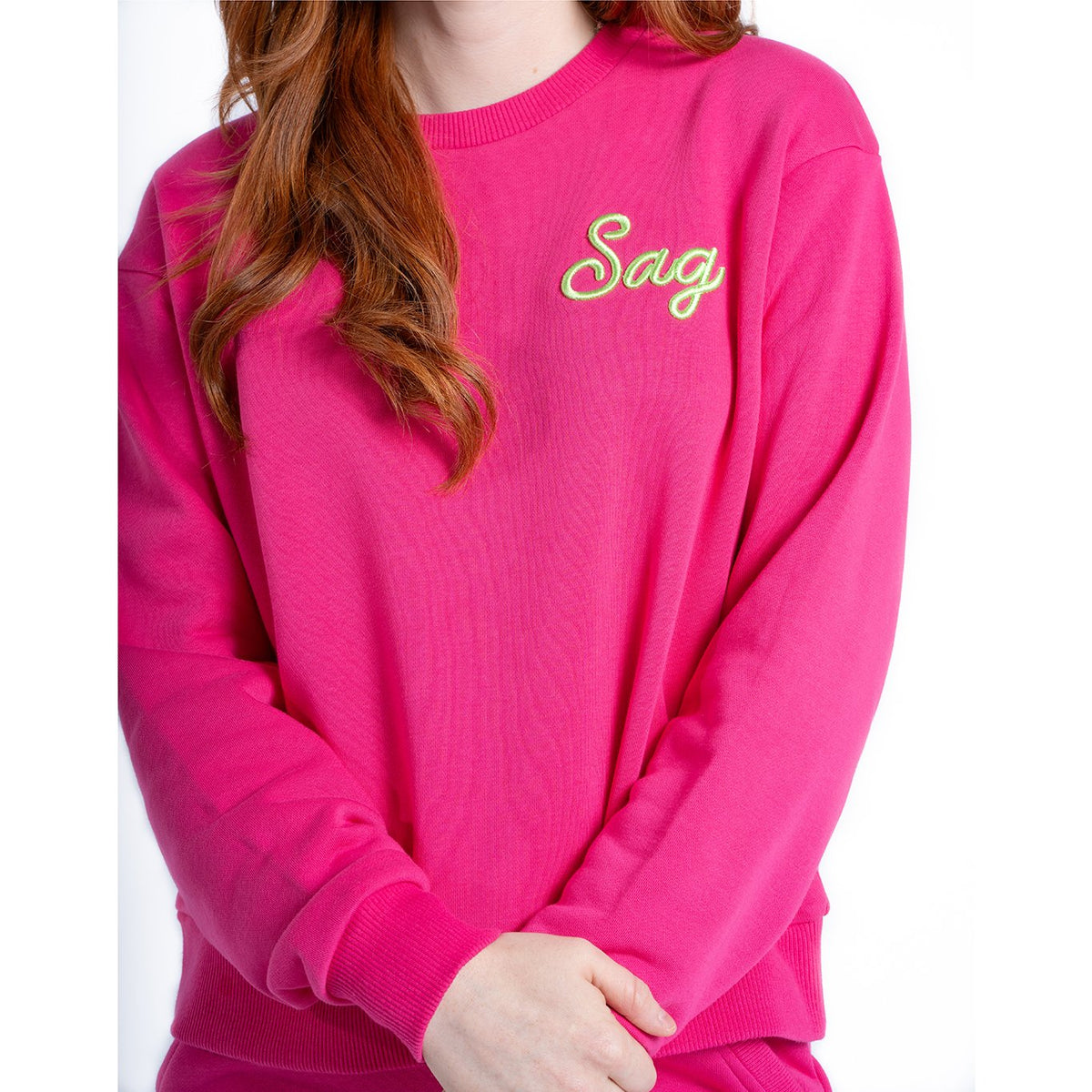 Sag Script Polished French Terry Crew Hot Pink Lime Embroidery image 1