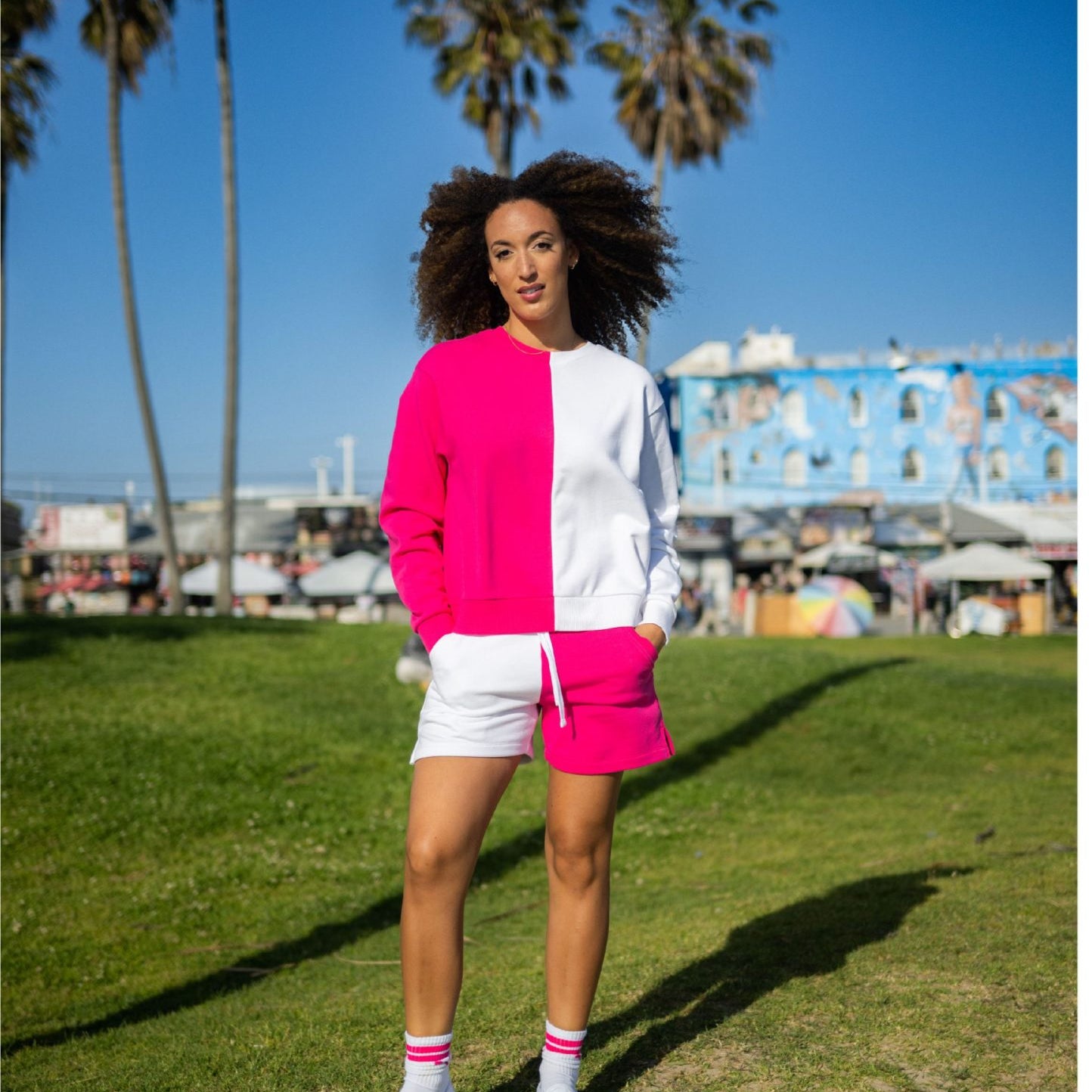 Colorblocked French Terry Shorts - Hot Pink & White image 3