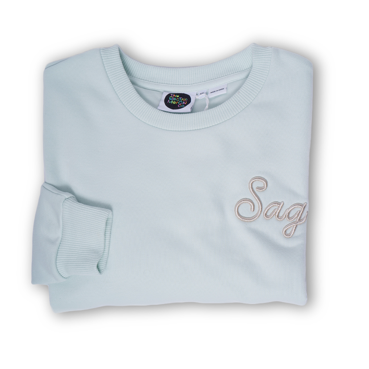 Sag Script Polished French Terry Crew Pale Mint Platinum Embroidery image 1
