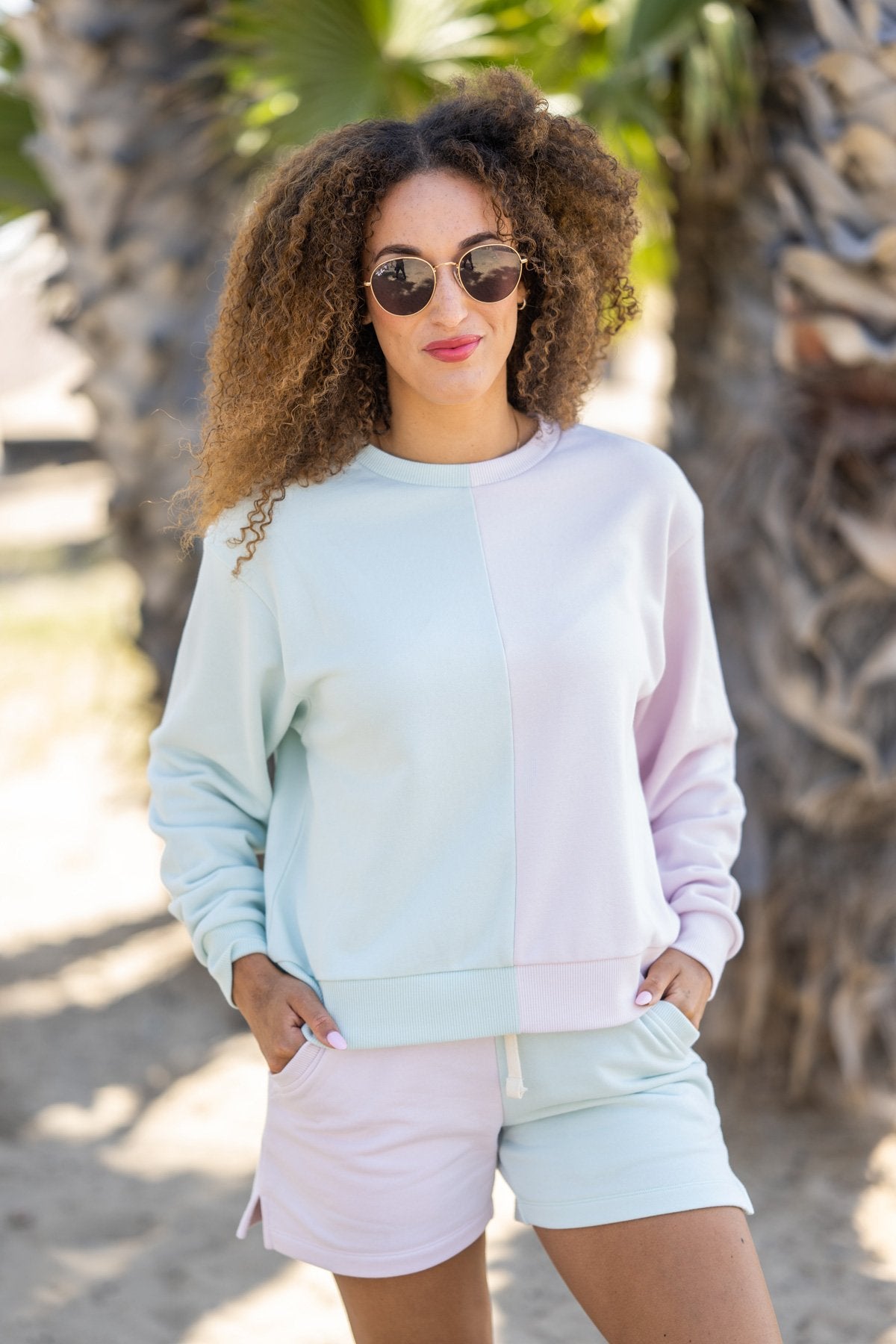 Colorblocked French Terry Shorts - Pale Mint & Pale Lavender image 2