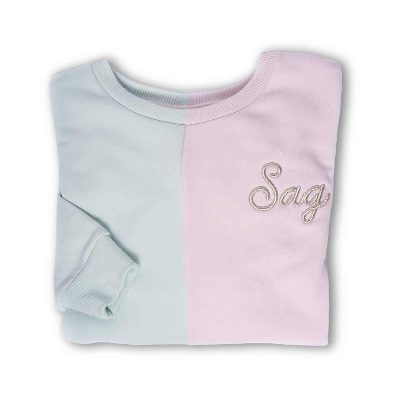 Sag Script Color-Block Polished French Terry Crew  Pale Lavender & Pale Mint image 1