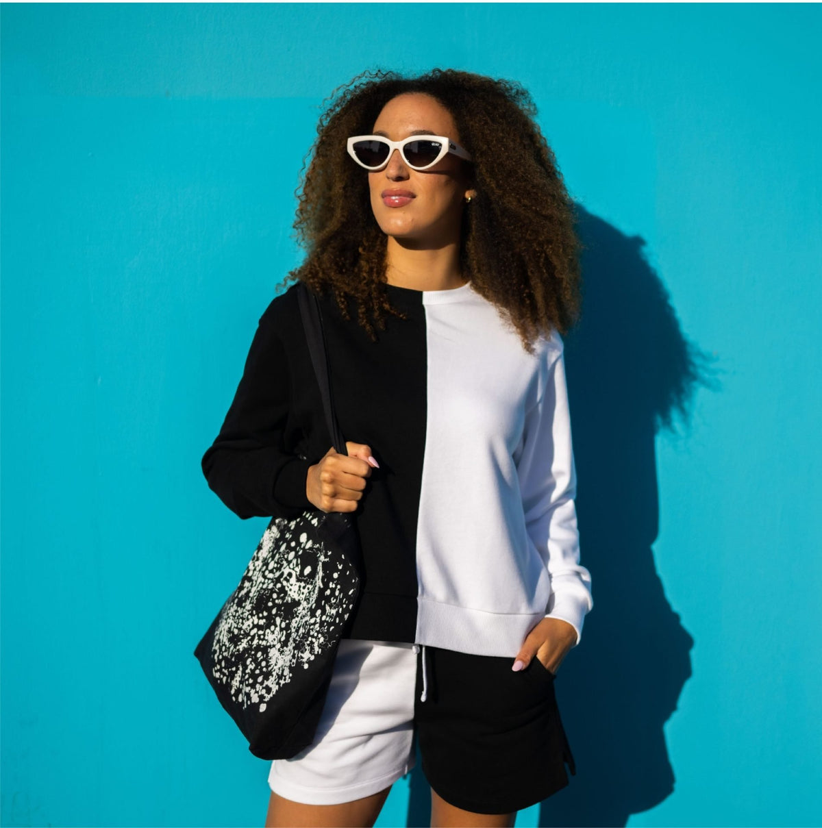Colorblocked French Terry Crewneck Pullover - Black & White image 1