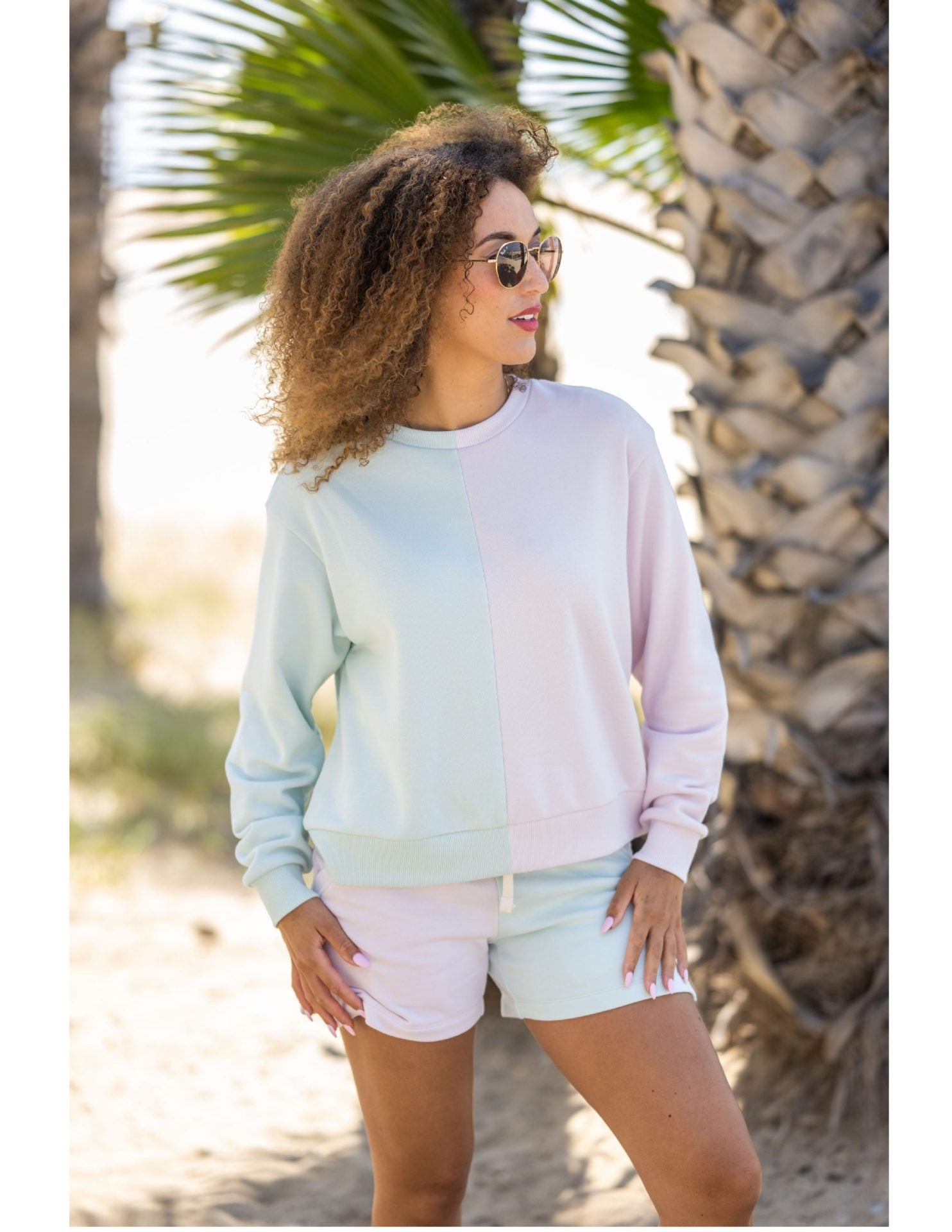 Colorblocked French Terry Shorts - Pale Mint & Pale Lavender image 1